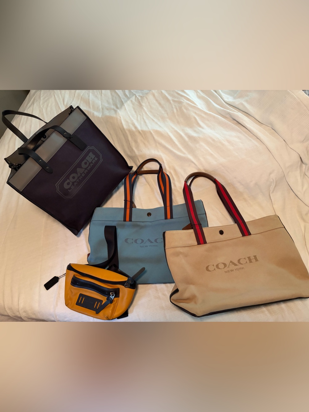 1 44” black tote, 1 beige and 1 blue 38” tote, orange belt bag, 4 coach bags